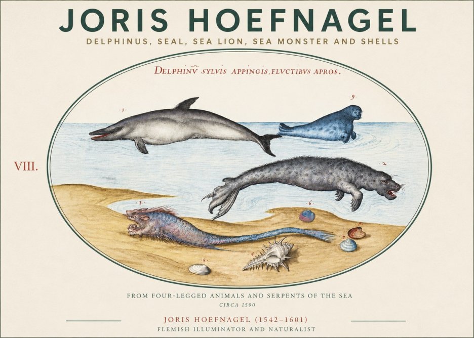 Joris Hoefnagel Delphinus, Seal, Sea Lion, Sea Monster and Shells No3 - Plakát