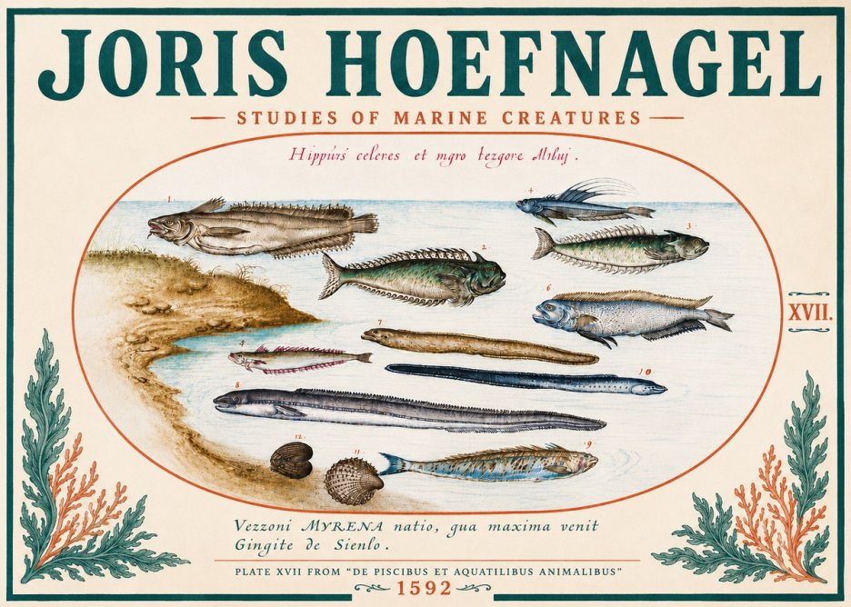 Joris Hoefnagel Plate Xvii from "De Piscibus Et Aquatilibus Animalibus" No5 - Plakát