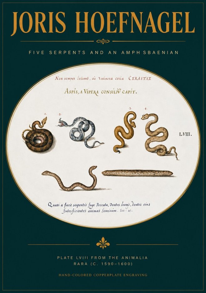 Joris Hoefnagel Five Serpents and an Amphisbaenian No2 - Plakát
