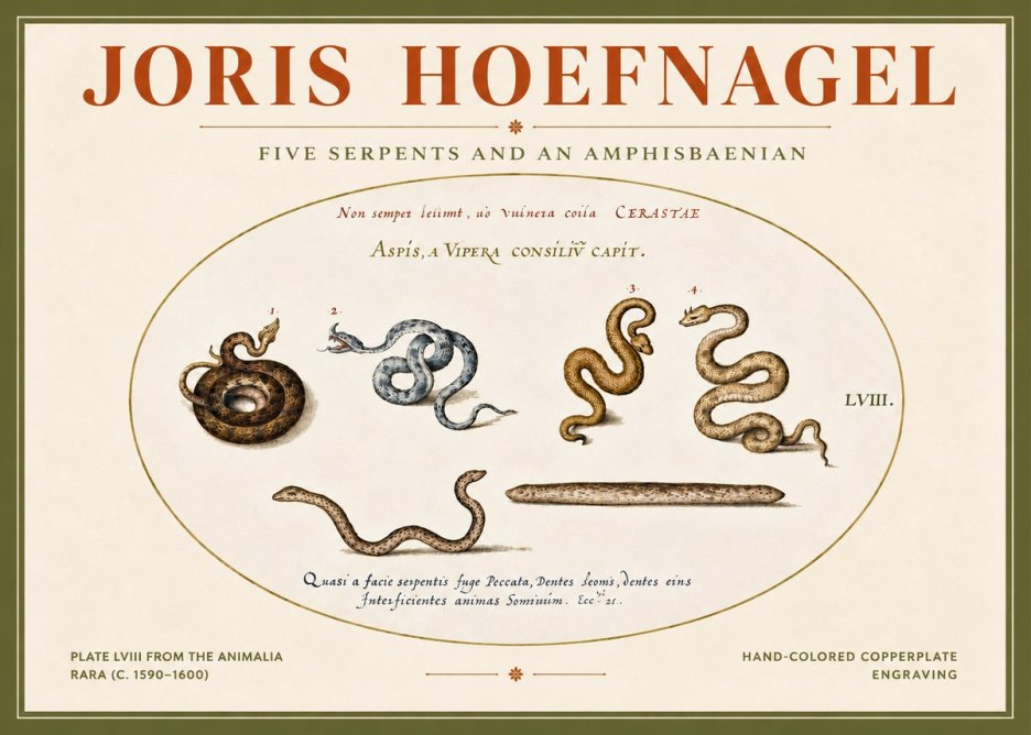 Joris Hoefnagel Five Serpents and an Amphisbaenian No4 - Plakát