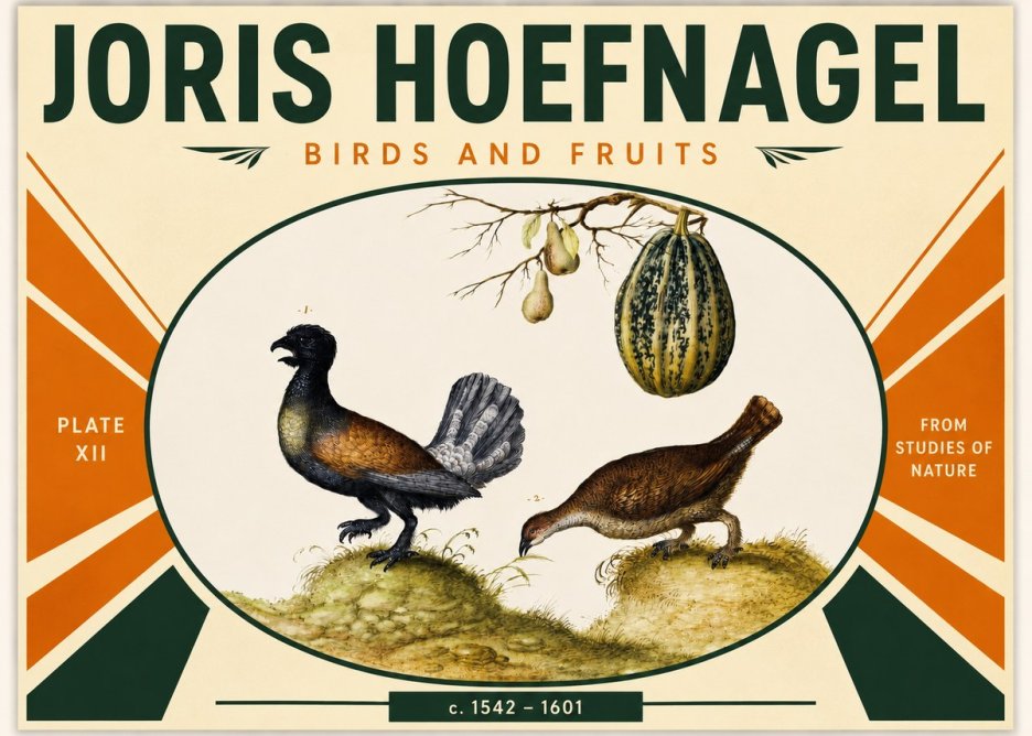 Joris Hoefnagel A Cock and Hen of the Woods with Pears and Gourd No3 - Plakát