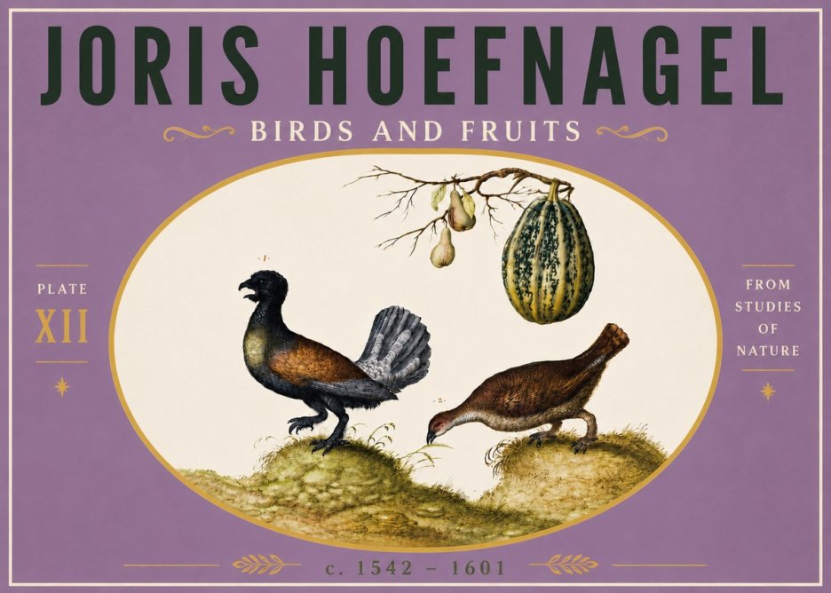 Joris Hoefnagel A Cock and Hen of the Woods with Pears and Gourd No6 - Plakát