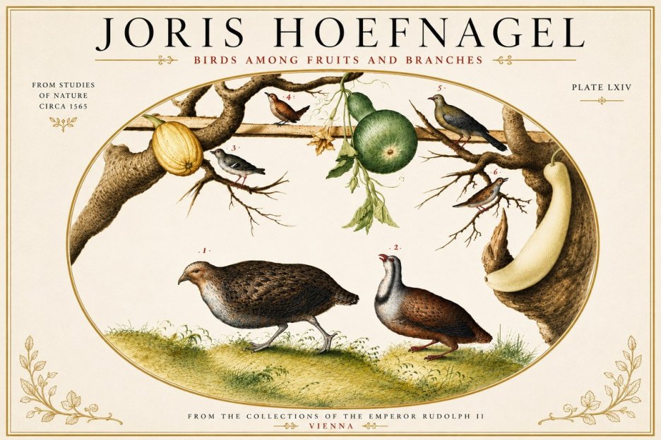 Joris Hoefnagel Birds Among Fruits and Branches No6 - Plakát