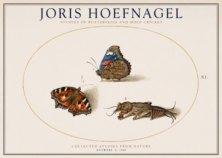Joris Hoefnagel Studies of Butterflies and Mole Cricket No1 - Plakát