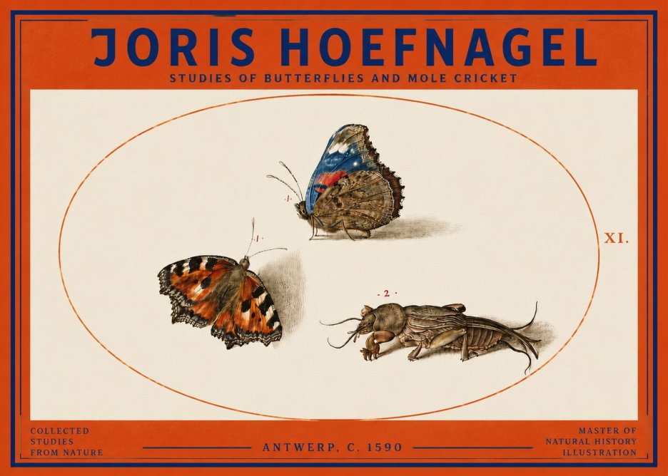 Joris Hoefnagel Studies of Butterflies and Mole Cricket No3 - Plakát