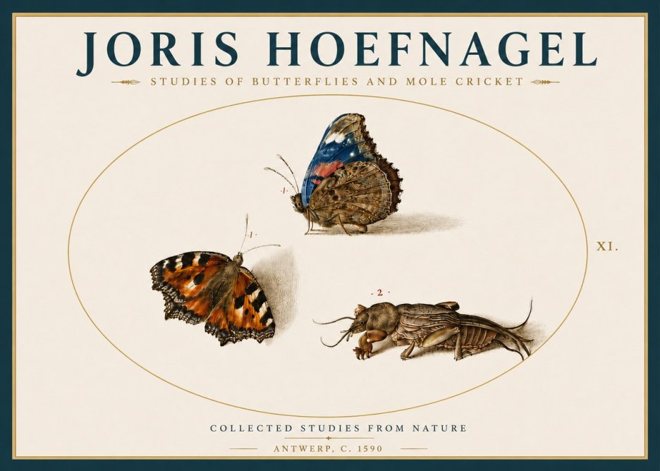 Joris Hoefnagel Studies of Butterflies and Mole Cricket No4 - Plakát