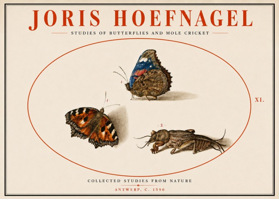 Joris Hoefnagel Studies of Butterflies and Mole Cricket No5 - Plakát