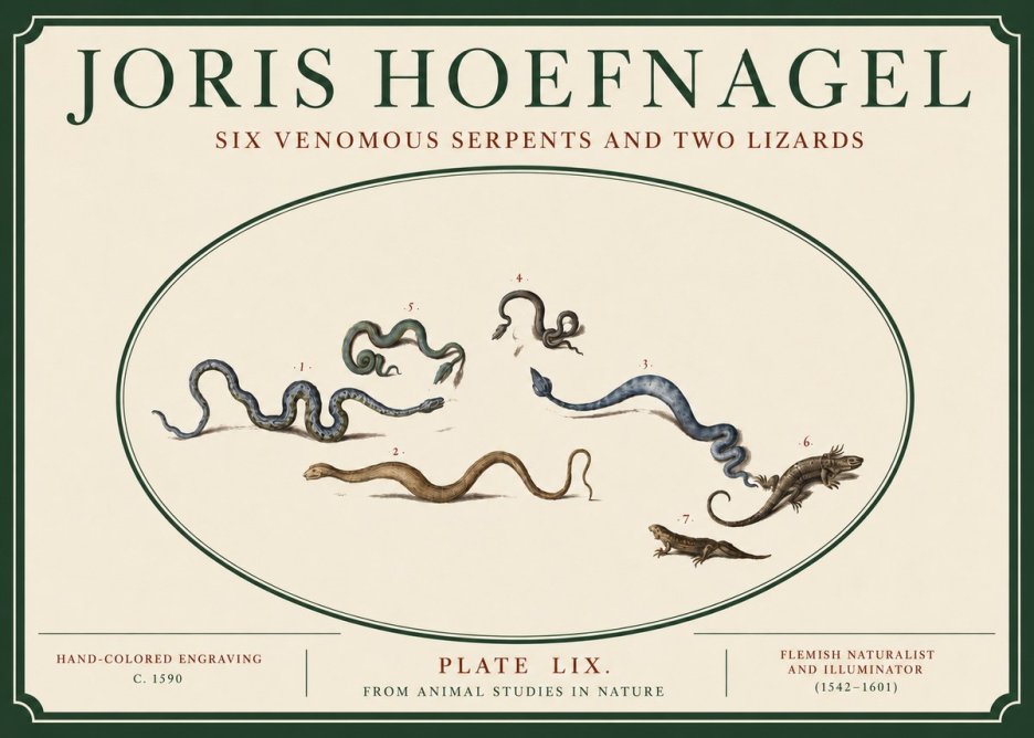 Joris Hoefnagel Six Venomous Serpents and Two Lizards No3 - Plakát