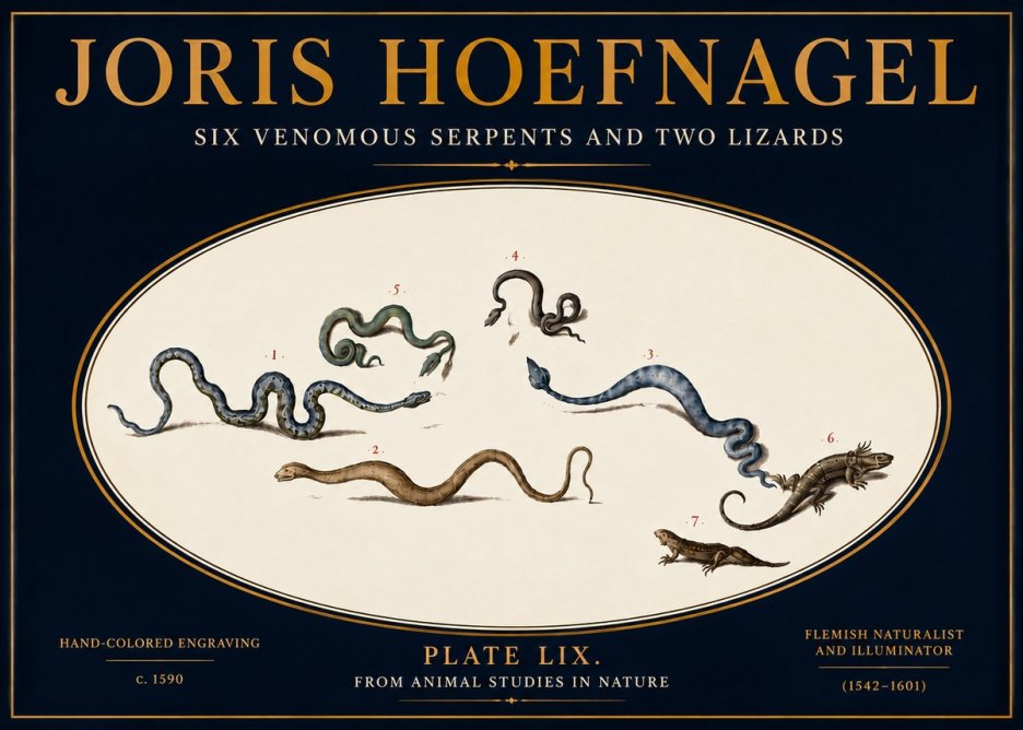Joris Hoefnagel Six Venomous Serpents and Two Lizards No5 - Plakát