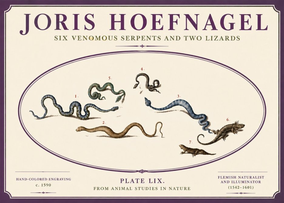 Joris Hoefnagel Six Venomous Serpents and Two Lizards No6 - Plakát