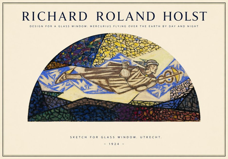 Richard Roland Holst Design for a Glass Window: Mercurius Flying over the Earth by Day and Night No1 - Plakát