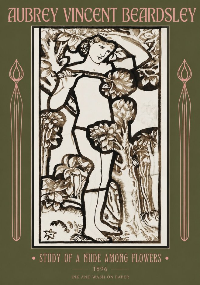 Aubrey Beardsley Study of a Nude Among Flowers No2 - Plakát