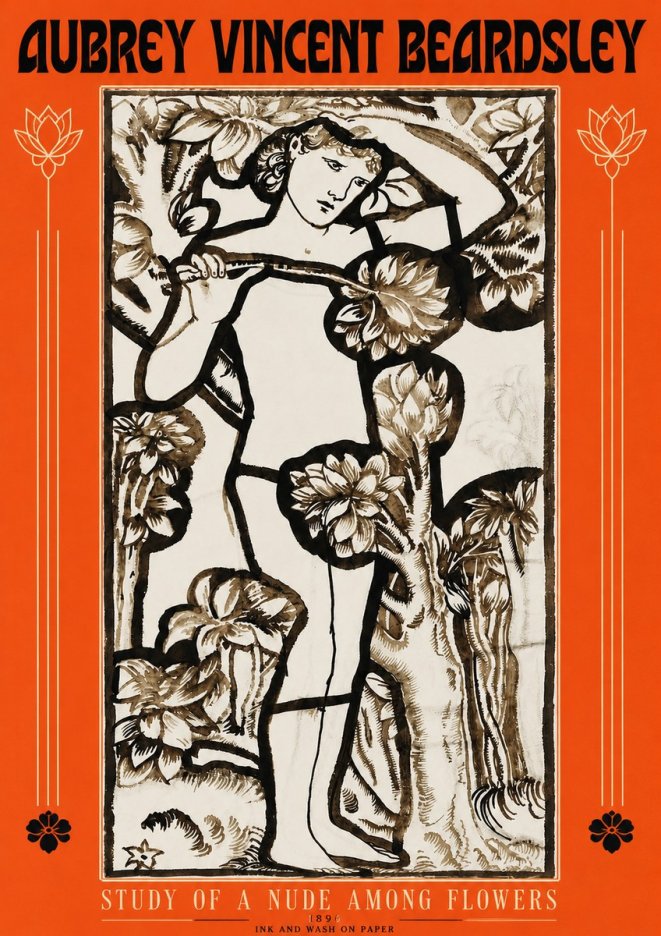 Aubrey Beardsley Study of a Nude Among Flowers No3 - Plakát