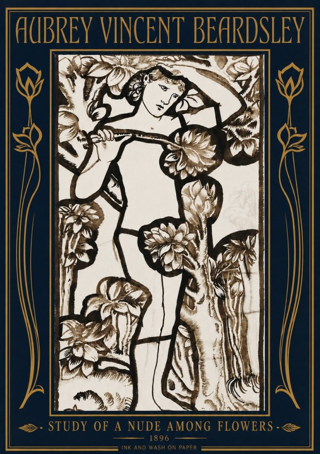 Aubrey Beardsley Study of a Nude Among Flowers No4 - Plakát