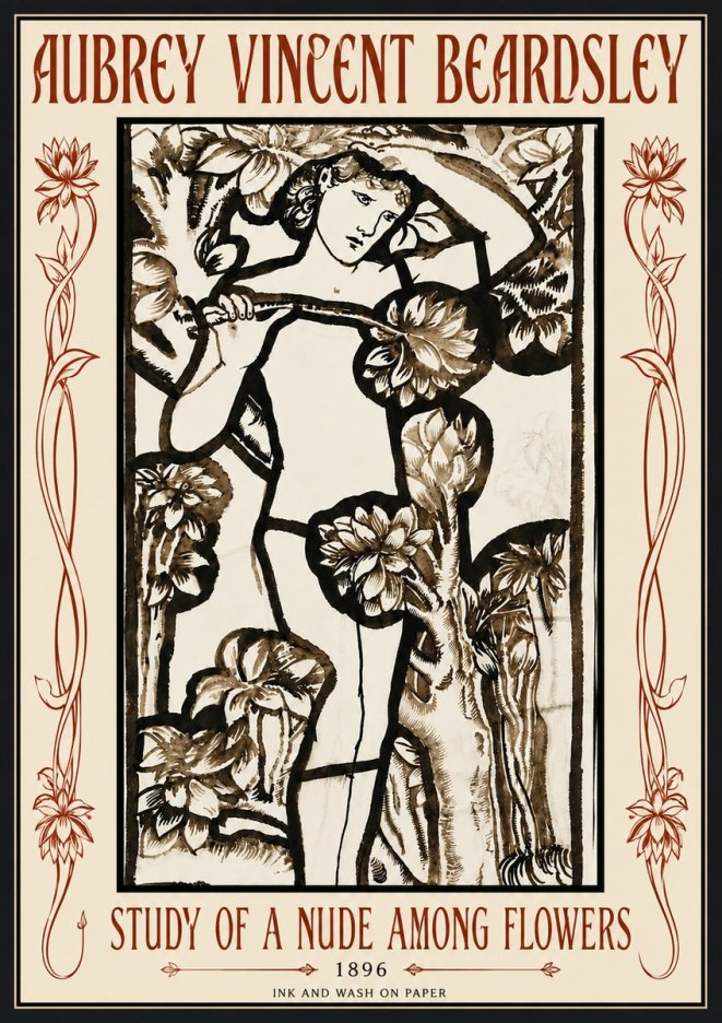 Aubrey Beardsley Study of a Nude Among Flowers No6 - Plakát