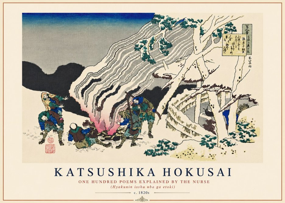 Katsushika Hokusai One Hundred Poems Explained by the Nurse (Hyakunin Isshu Uba Ga Etoki) No8 - Plakát