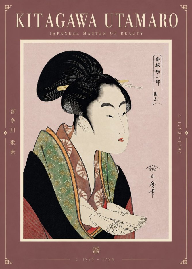 Kitagawa Utamaro Courtesan Reading a Scroll No5 - Plakát