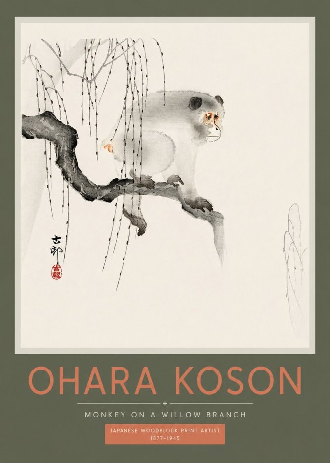 Ohara Koson Monkey on a Willow Branch No2 - Plakát