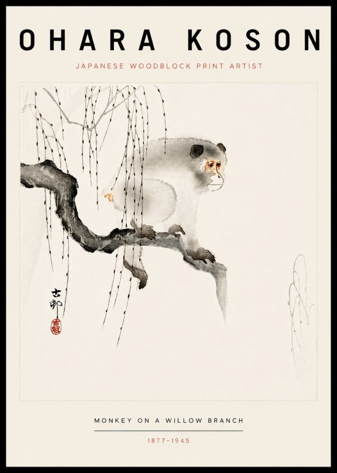 Ohara Koson Monkey on a Willow Branch No3 - Plakát