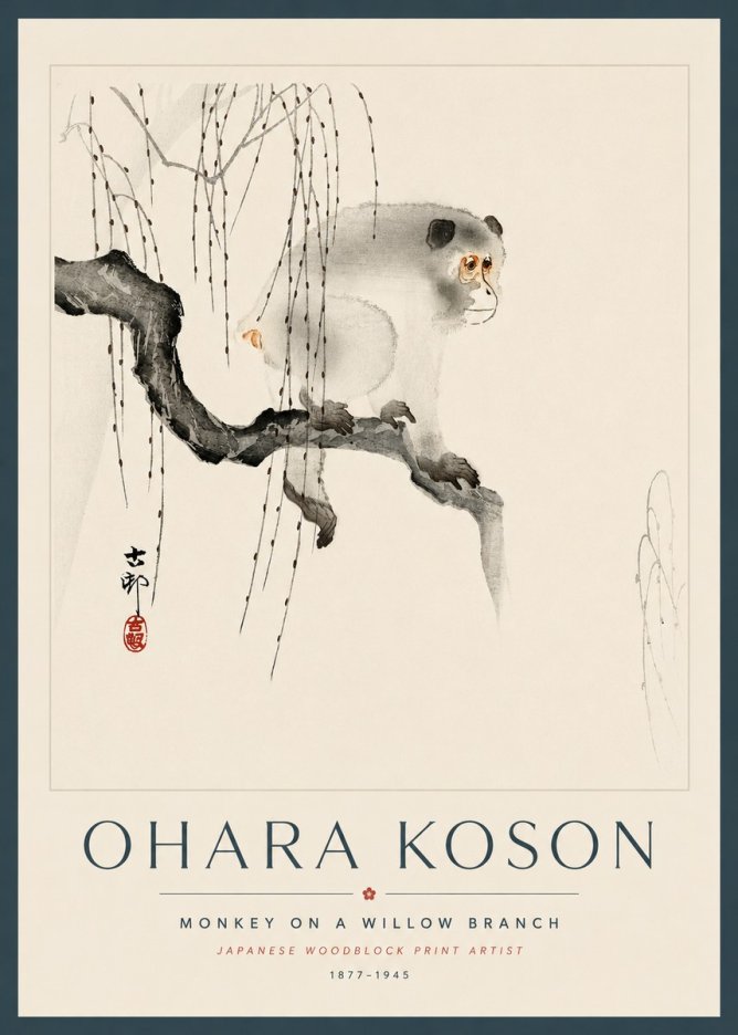 Ohara Koson Monkey on a Willow Branch No5 - Plakát