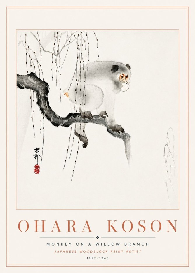Ohara Koson Monkey on a Willow Branch No6 - Plakát