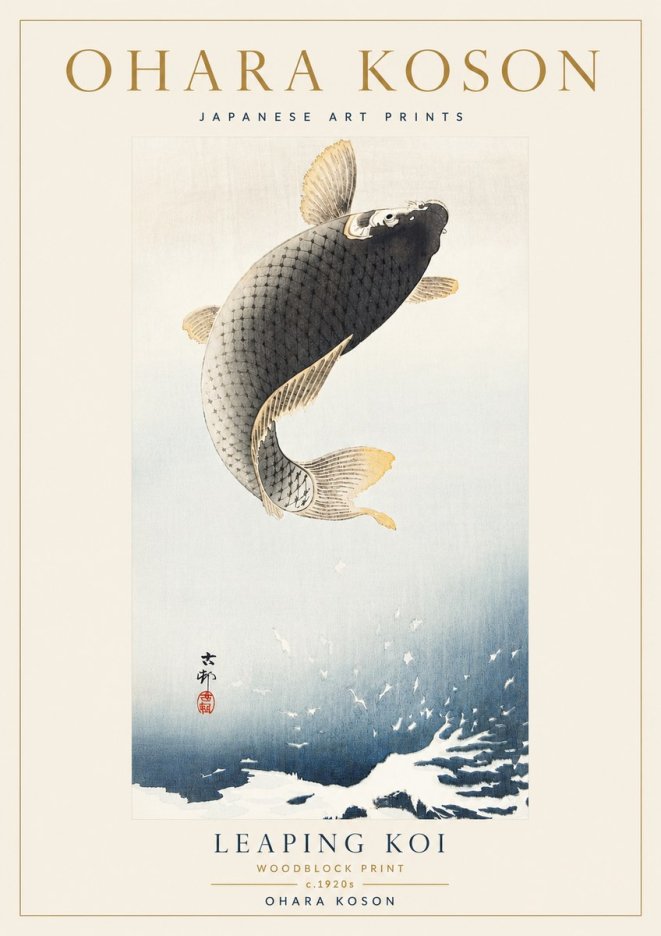 Ohara Koson Leaping Koi I No5 - Plakát