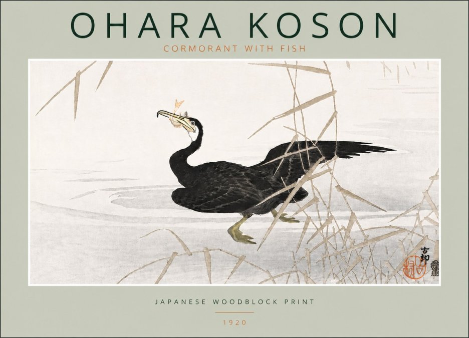 Ohara Koson Cormorant with Fish No5 - Plakát