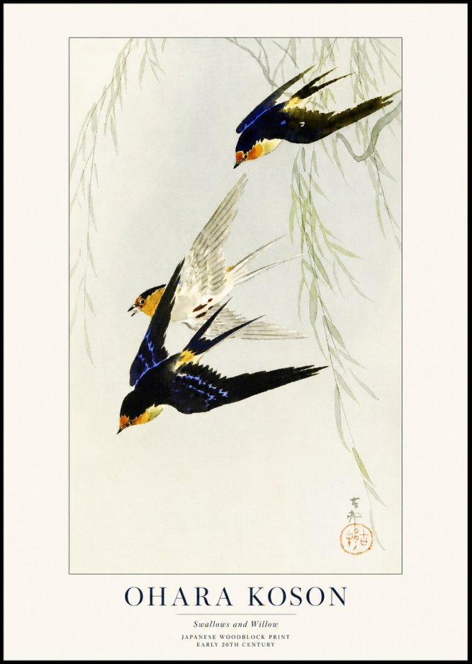 Ohara Koson Swallows and Willow I No1 - Plakát