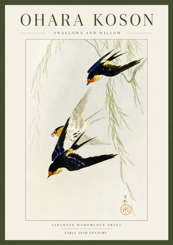 Ohara Koson Swallows and Willow I No3 - Plakát
