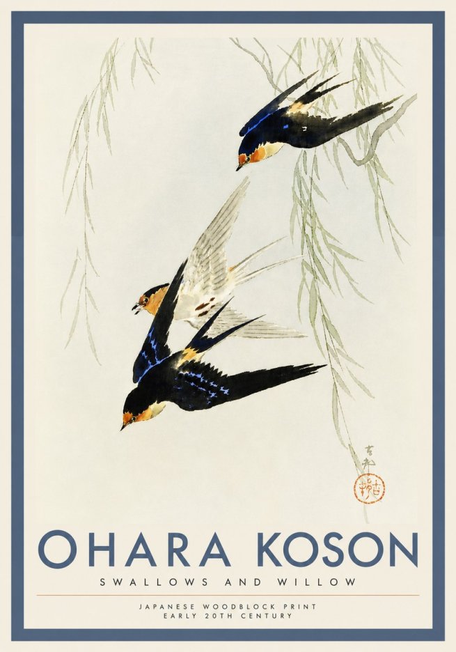Ohara Koson Swallows and Willow I No4 - Plakát
