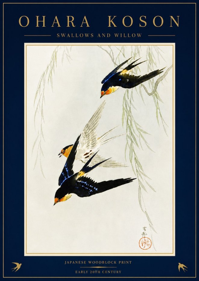 Ohara Koson Swallows and Willow I No5 - Plakát
