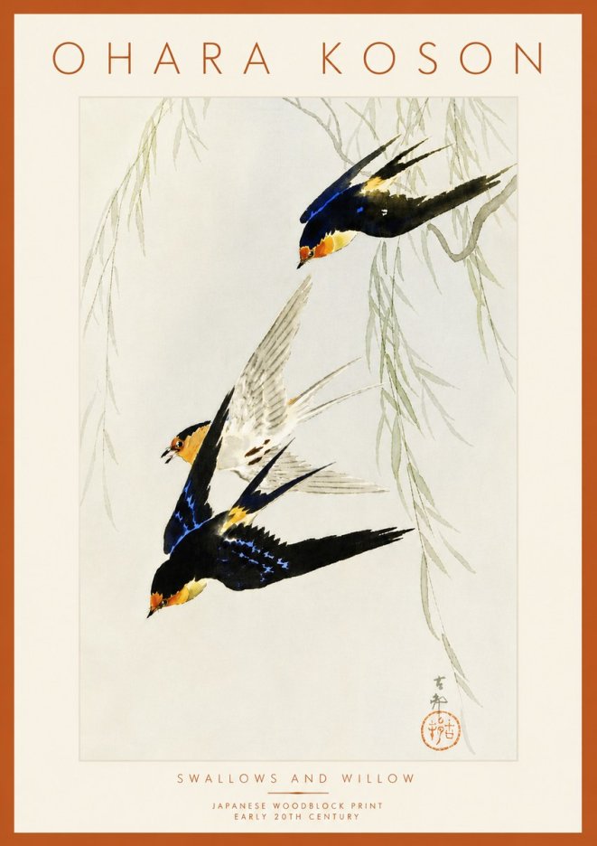 Ohara Koson Swallows and Willow I No6 - Plakát