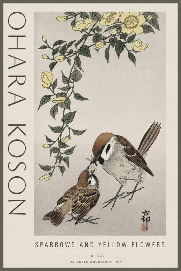 Ohara Koson Sparrows and Yellow Flowers No3 - Plakát
