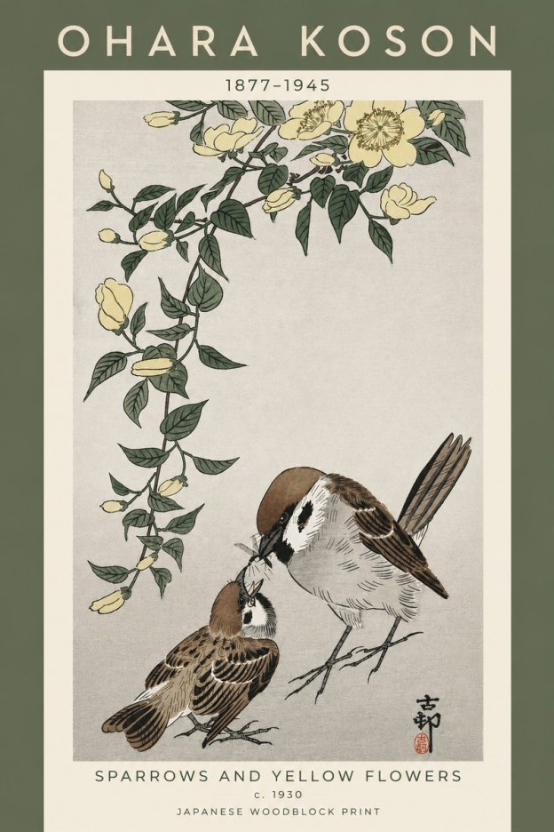 Ohara Koson Sparrows and Yellow Flowers No5 - Plakát