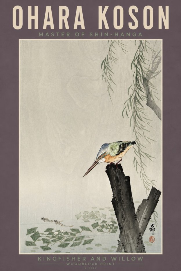 Ohara Koson Kingfisher and Willow No4 - Plakát