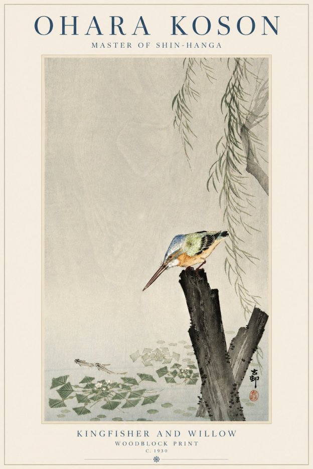 Ohara Koson Kingfisher and Willow No5 - Plakát