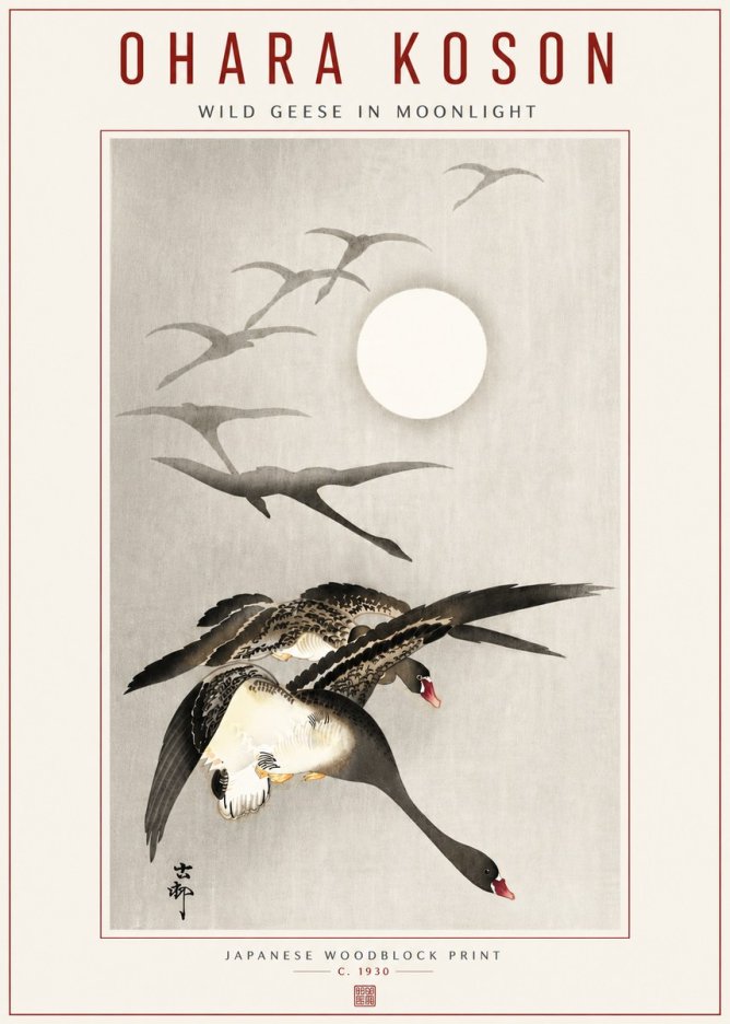 Ohara Koson Wild Geese in Moonlight I No5 - Plakát
