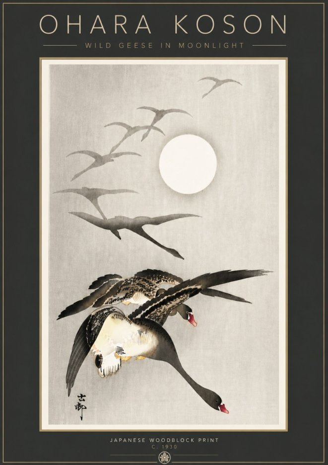 Ohara Koson Wild Geese in Moonlight I No6 - Plakát