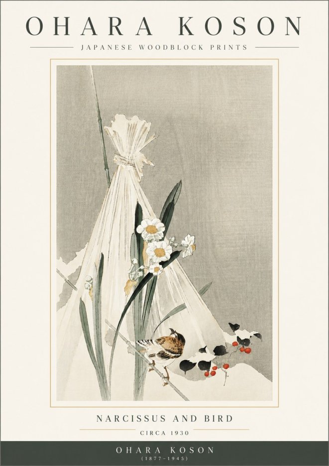 Ohara Koson Narcissus and Bird No3 - Plakát