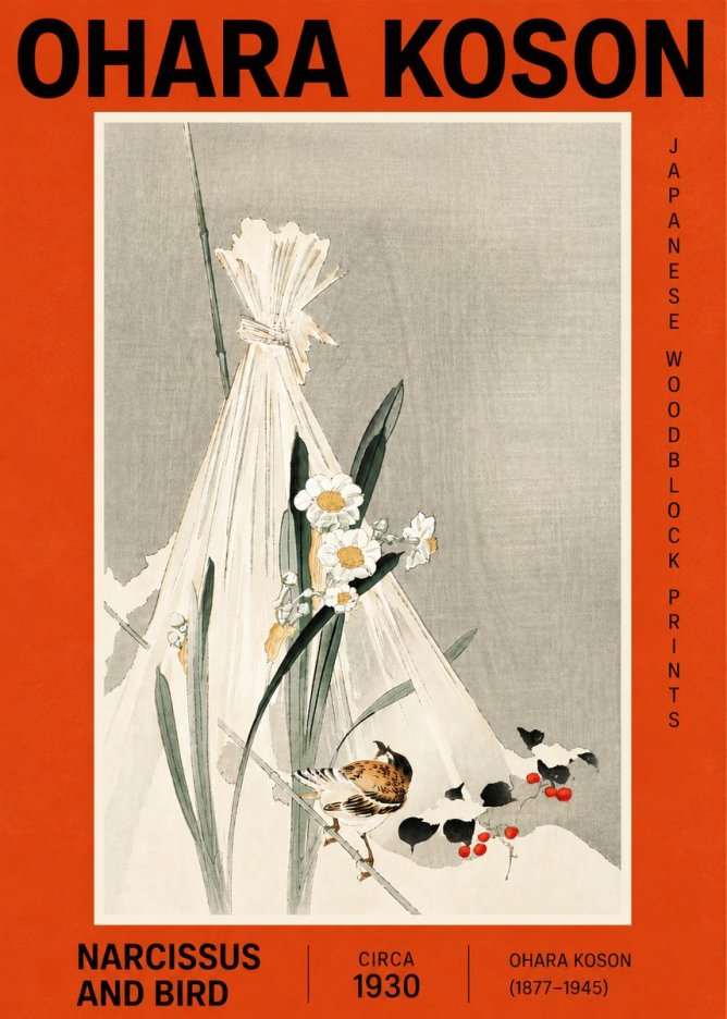 Ohara Koson Narcissus and Bird No4 - Plakát