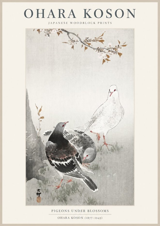 Ohara Koson Pigeons Under Blossoms No1 - Plakát