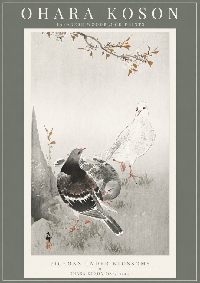 Ohara Koson Pigeons Under Blossoms No2 - Plakát