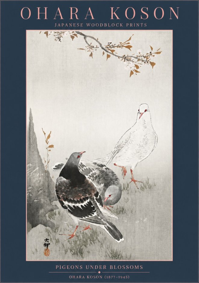 Ohara Koson Pigeons Under Blossoms No4 - Plakát