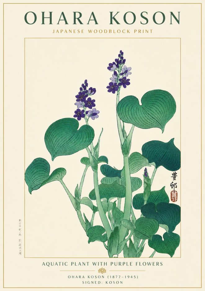 Ohara Koson Aquatic Plant with Purple Flowers No6 - Plakát
