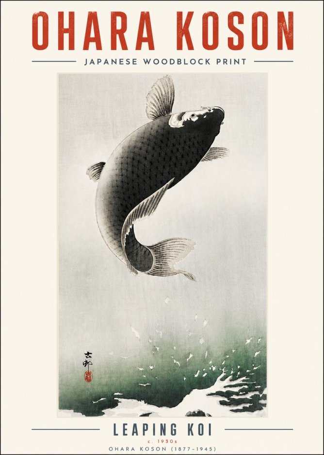 Ohara Koson Leaping Koi II No5 - Plakát