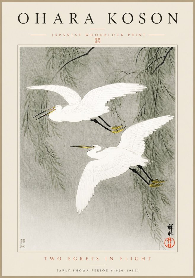 Ohara Koson Two Egrets in Flight No5 - Plakát