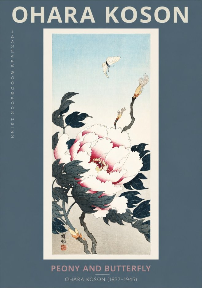 Ohara Koson Peony and Butterfly No2 - Plakát