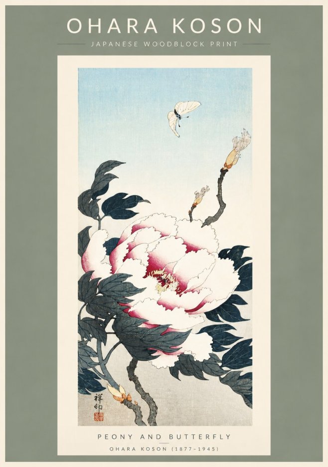 Ohara Koson Peony and Butterfly No3 - Plakát