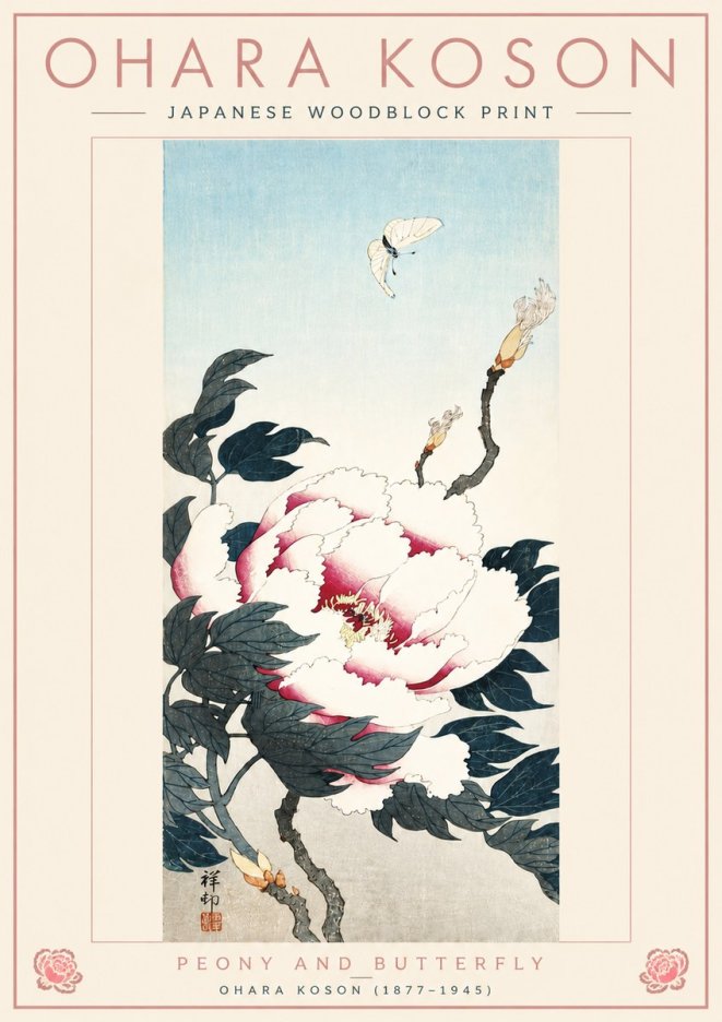 Ohara Koson Peony and Butterfly No4 - Plakát