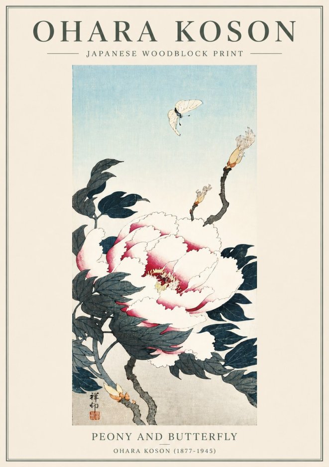 Ohara Koson Peony and Butterfly No5 - Plakát